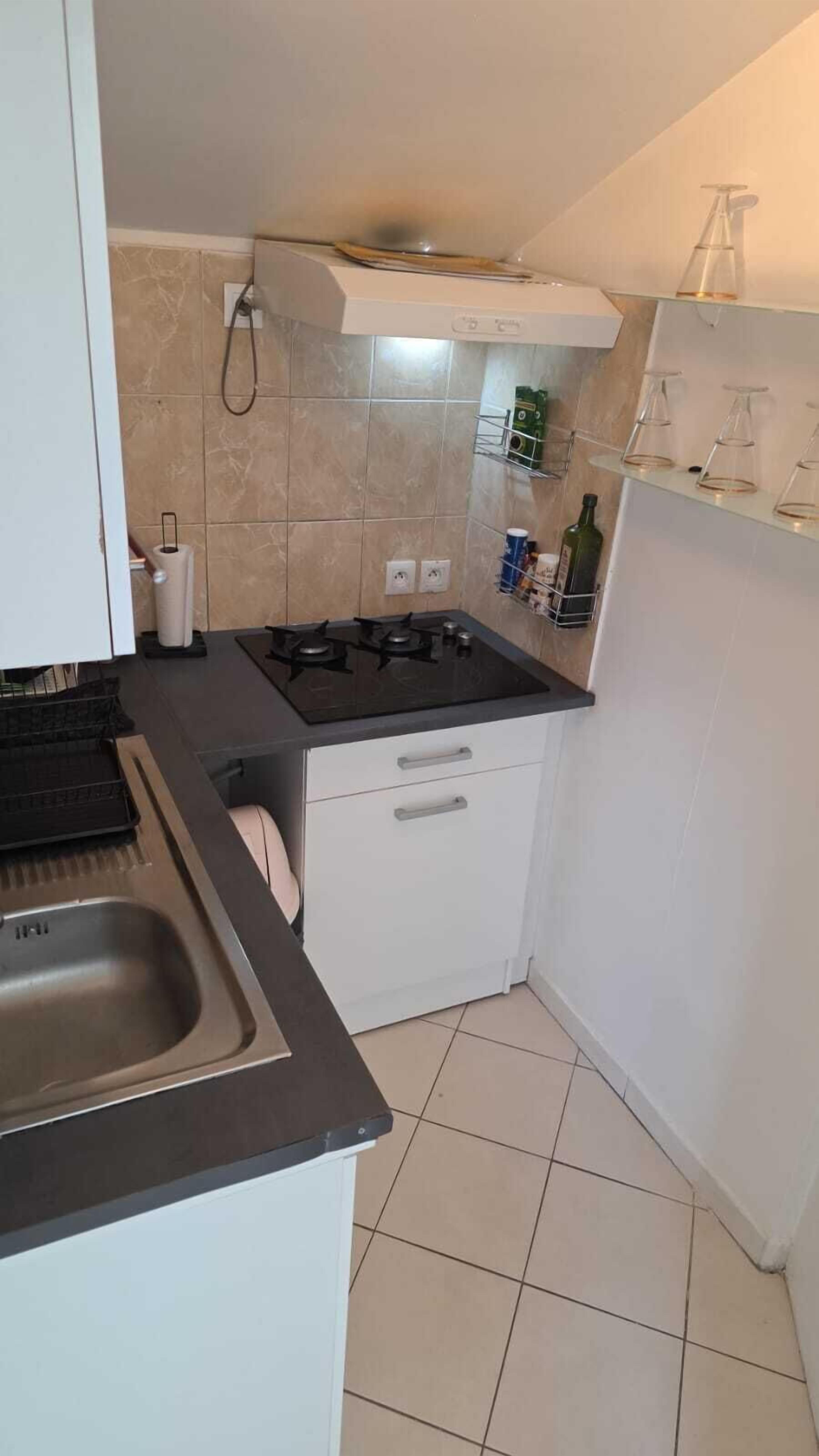 Une cuisine de taille réduite, équipée d’une cuisinière à gaz, d’un évier et d’un petit plan de travail.