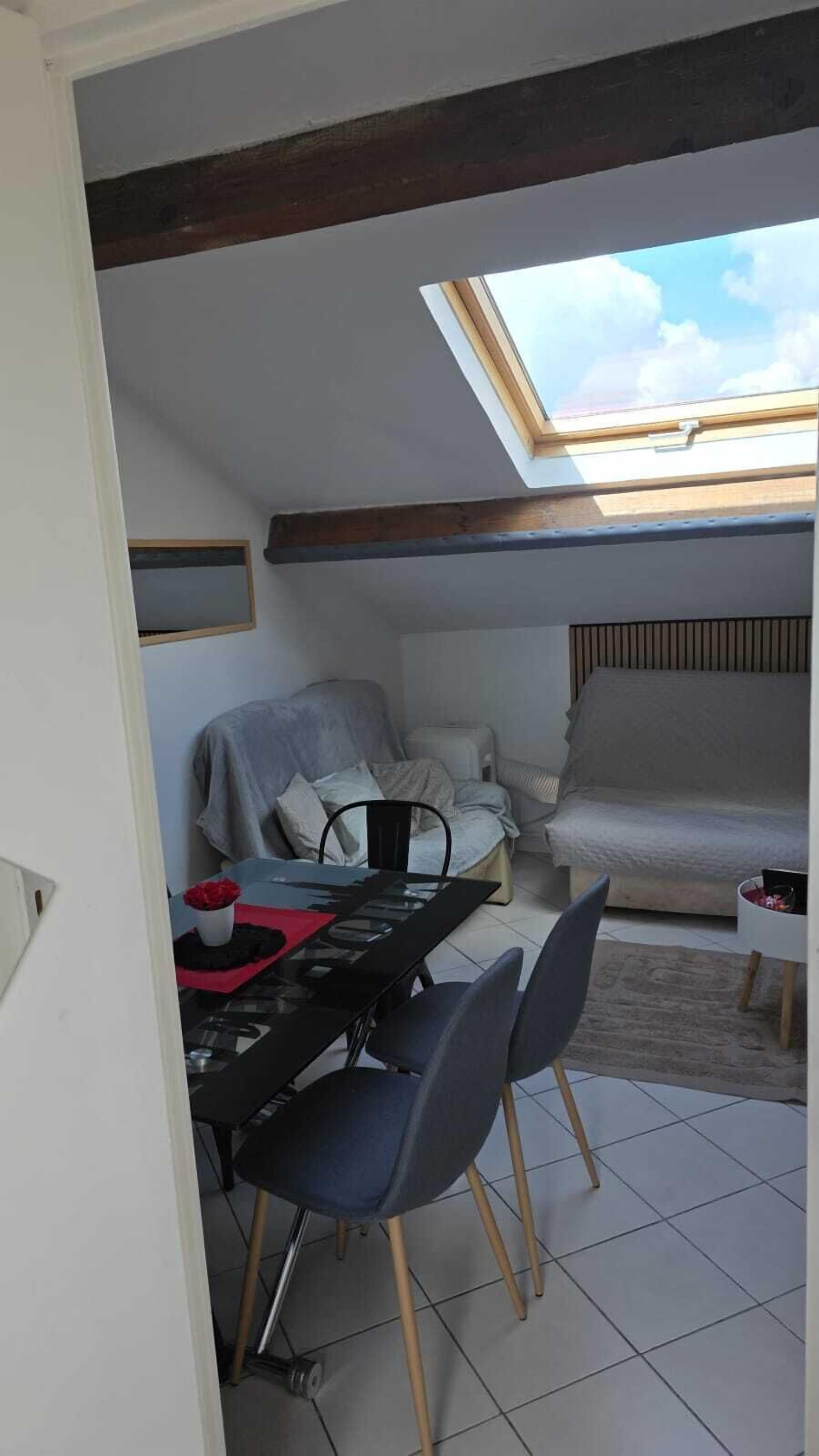 Et lille værelse med ovenlys, en seng, et bord med stole og en lille sofa.
