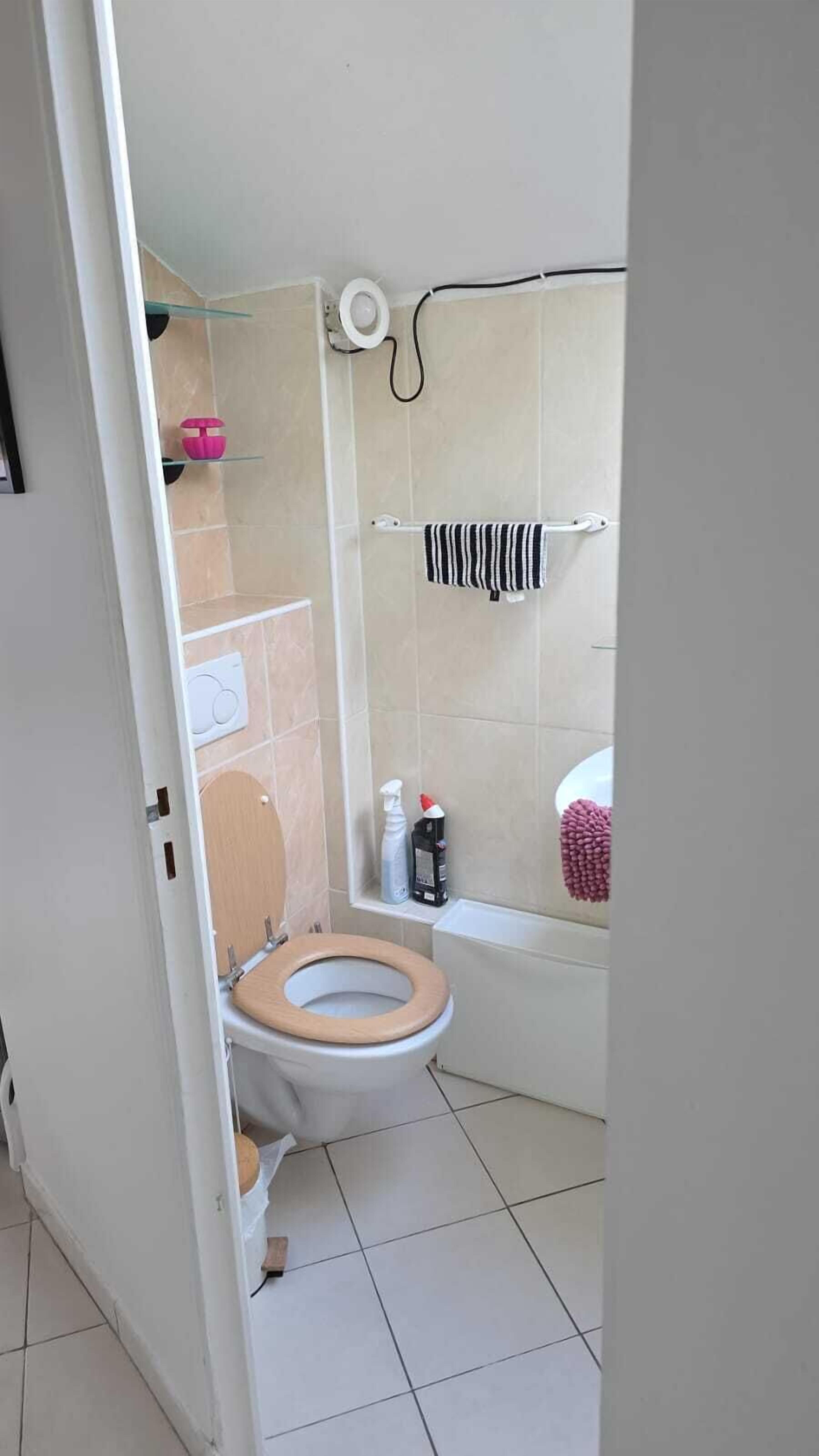 Een badkamer met toilet, douche en wastafel.