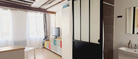 A modern interior with a wooden ceiling, a sliding door, a TV on a cabinet, and a bathroom with a sink and mirror.