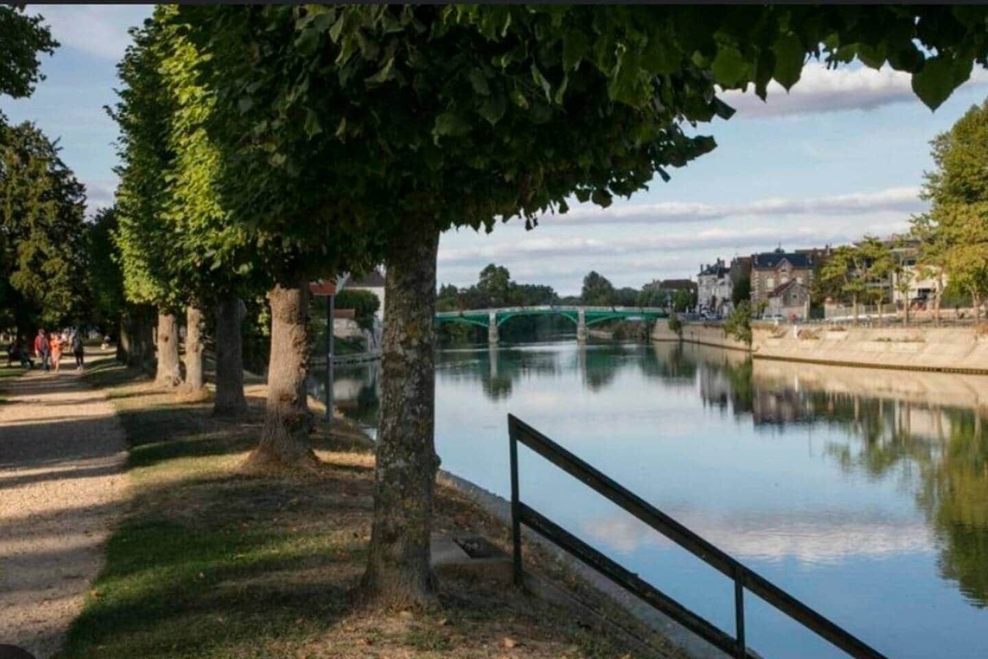 Una passeggiata lungo il fiume, con alberi, un ponte e edifici sullo sfondo.