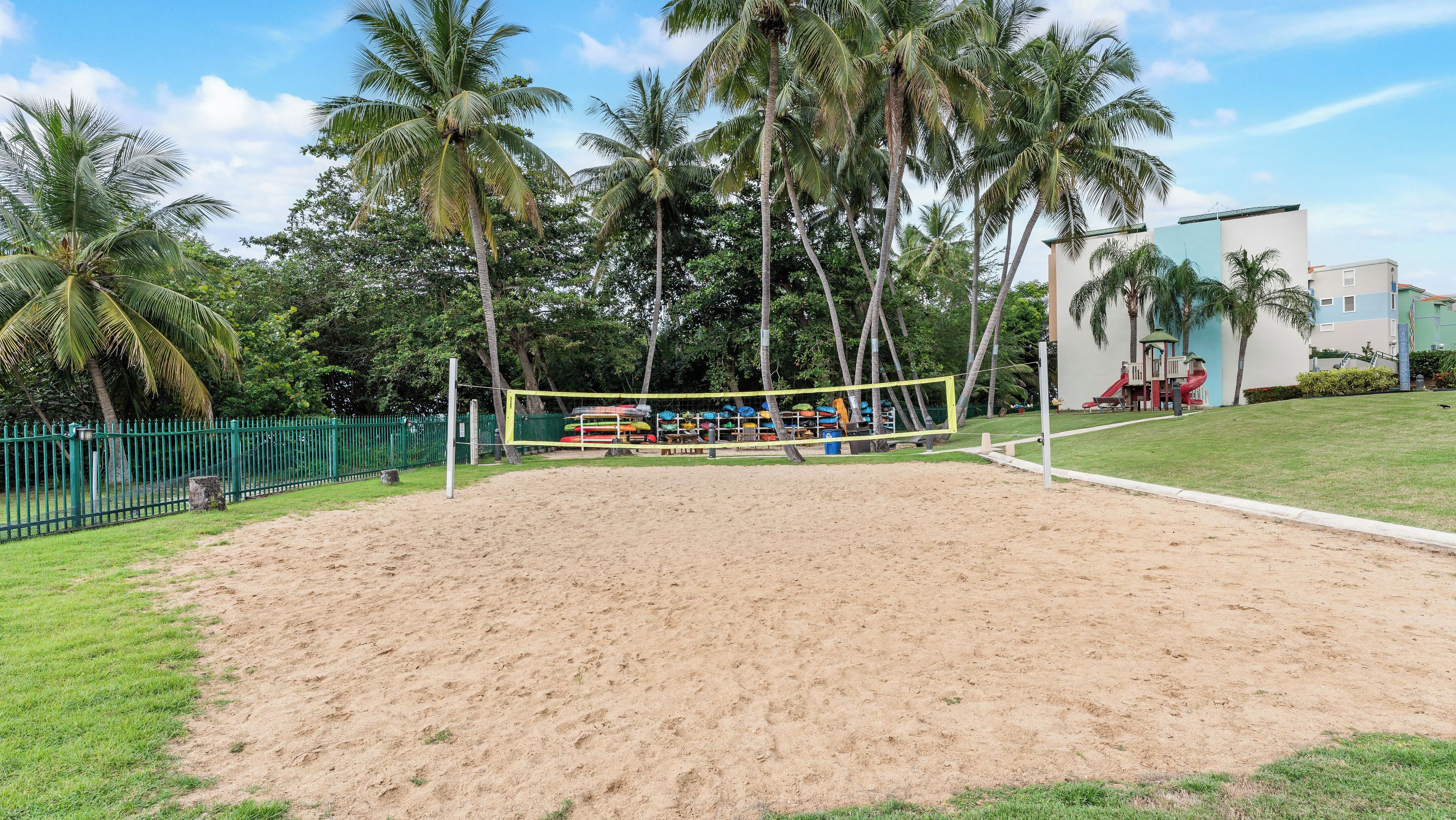 Un terrain de volley-ball sablonneux, avec un filet, entouré de palmiers et d’une clôture verte.