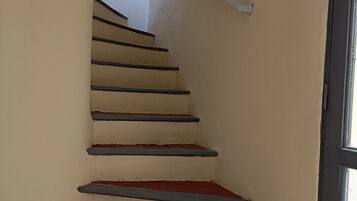 A staircase with red steps and a white handrail, leading to a door with a window.