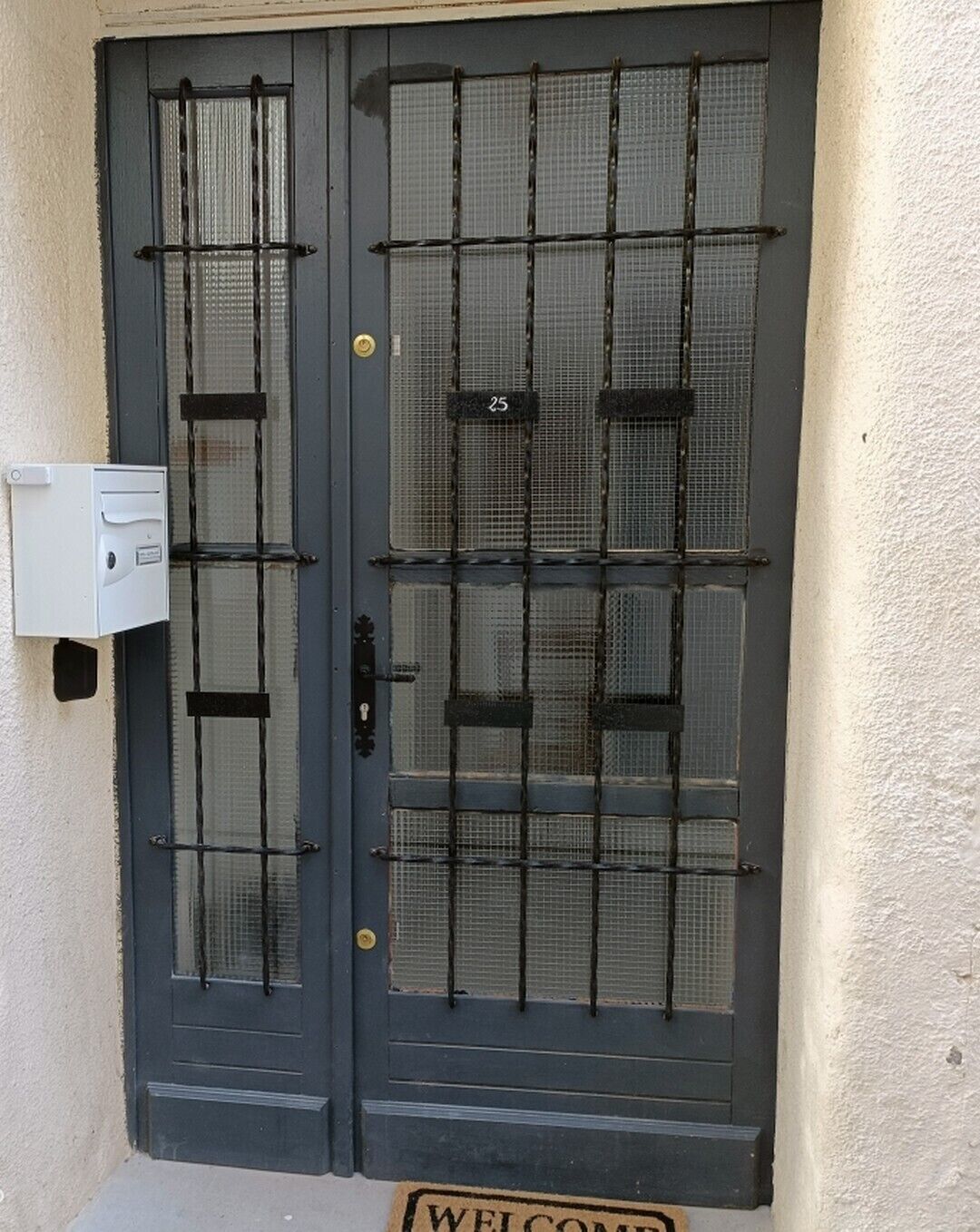 Uma porta dupla cinza escura com tela de segurança, uma caixa de correio e um tapete de boas-vindas.