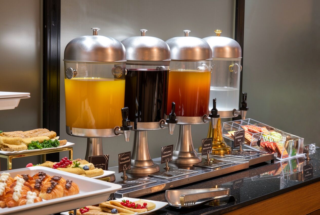 A buffet with various food items and beverages.
