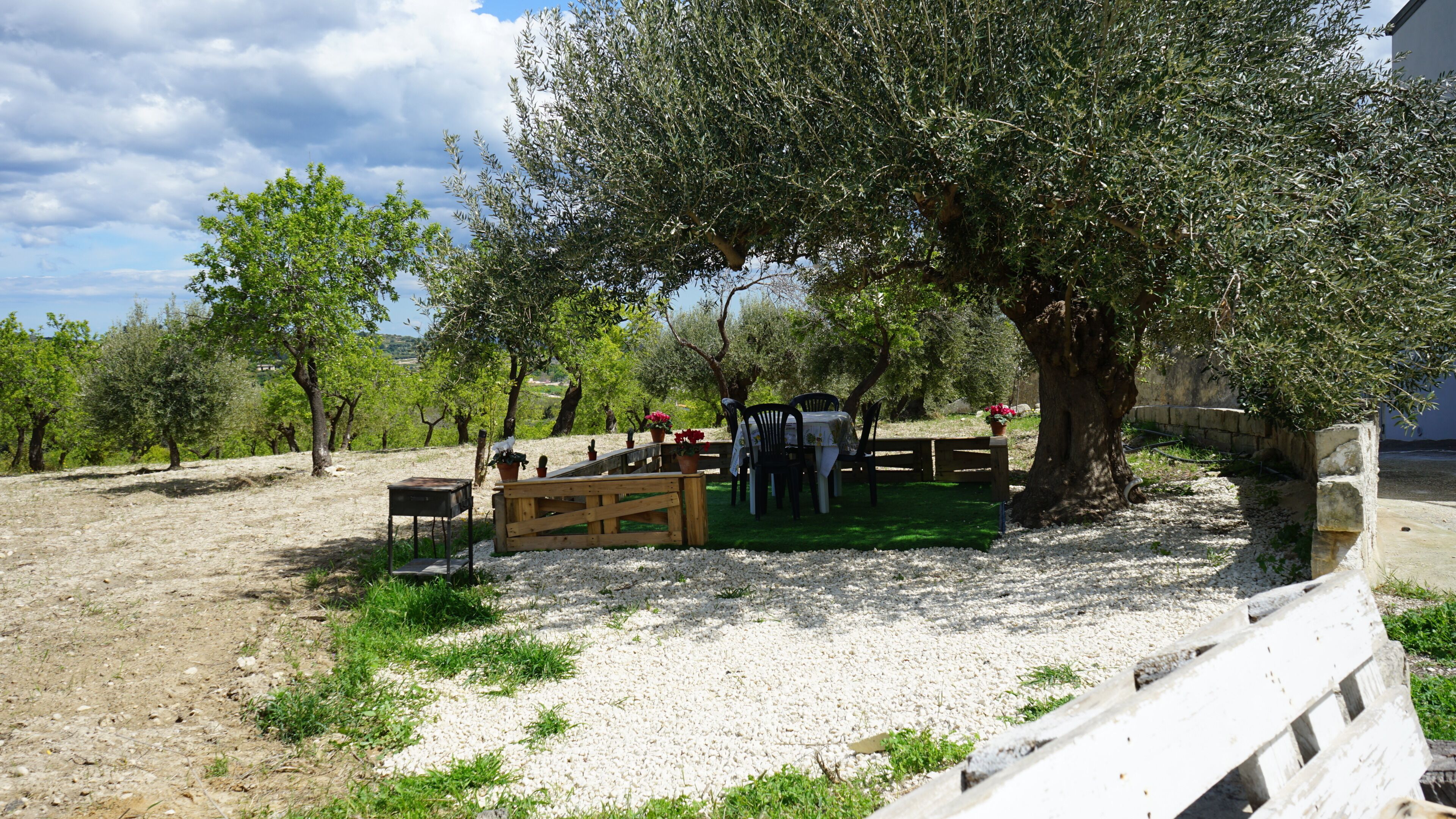 An outdoor seating area with a table and chairs under a large tree, surrounded by gravel and greenery.