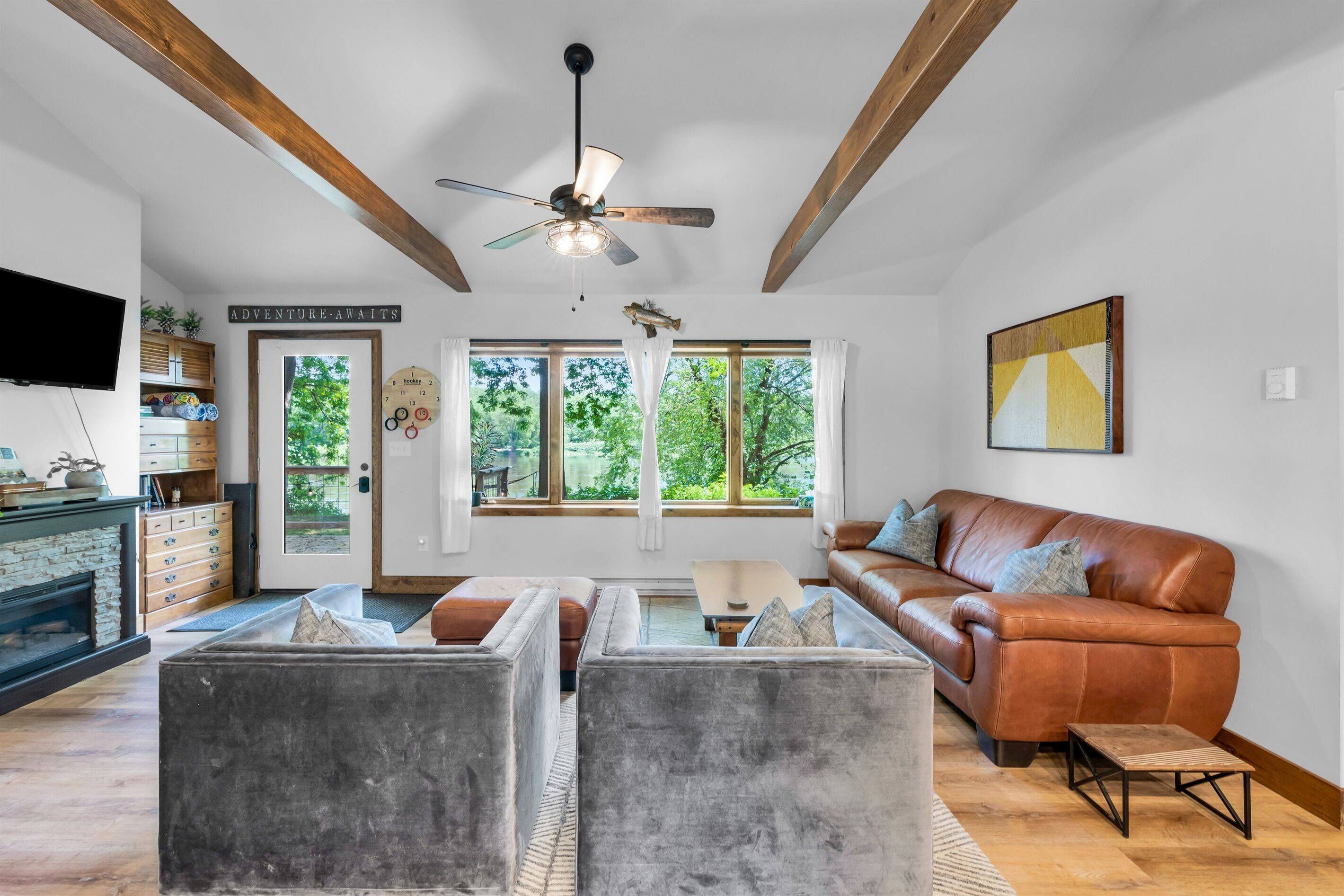 Smart TV, fireplace, books, music library