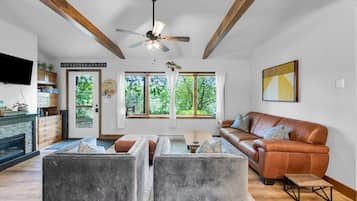 Smart TV, fireplace, books, music library