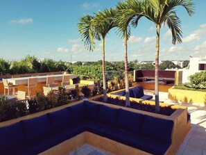 Eine Dachterrasse mit blauer Couch, Palmen und Blick auf die Stadtlandschaft.