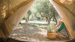 A tent with a view of trees and a wicker basket with plants. - Odyssey Eco Farm Glamping (Troizinia)