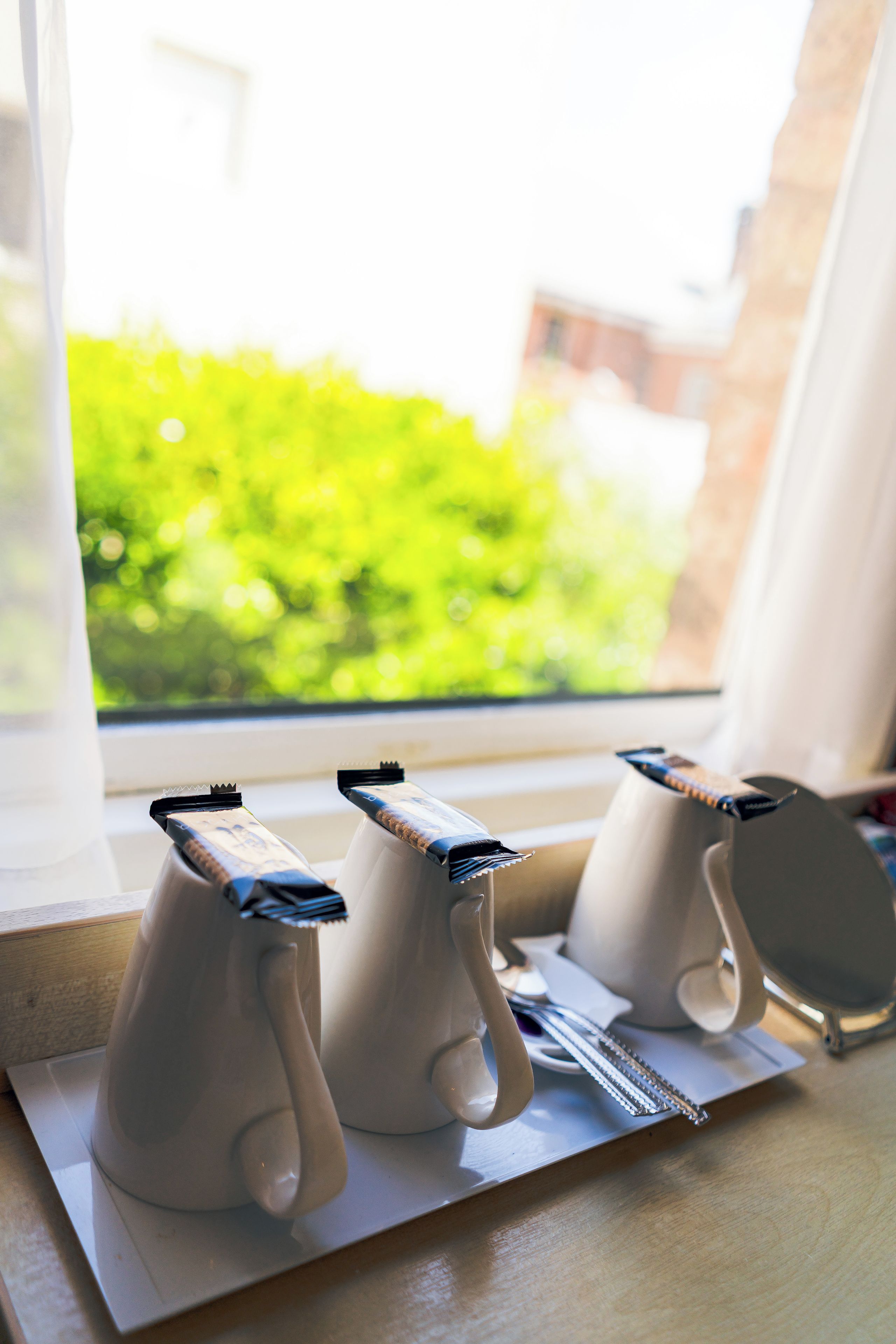 Two kitchen appliances on a windowsill with a view of greenery outside.