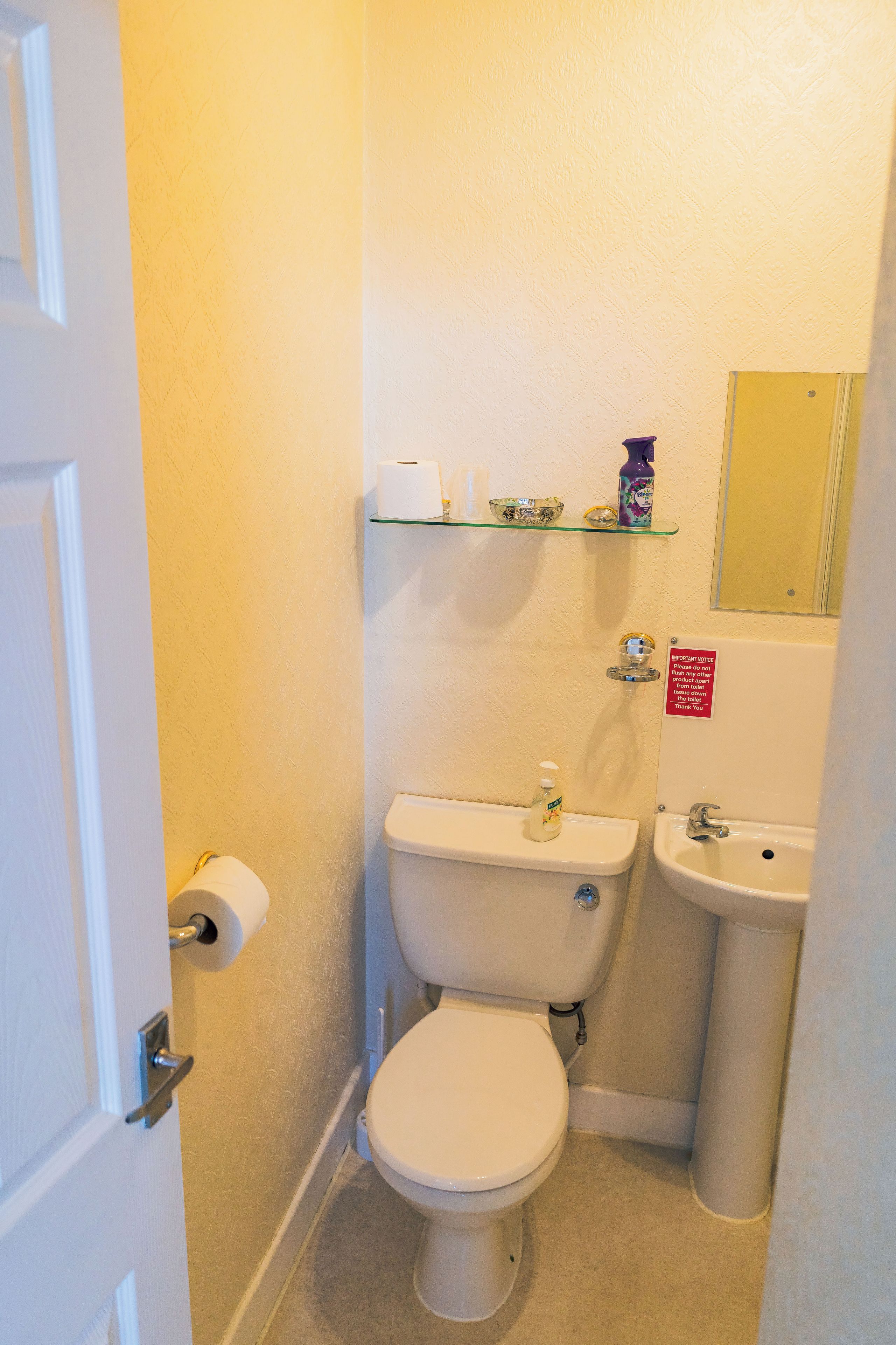 A small bathroom with a toilet, a sink, and a glass shelf holding toiletries.