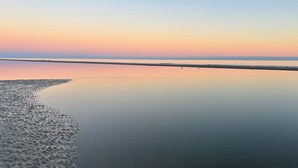 En strand med stilla vatten och en klar himmel.