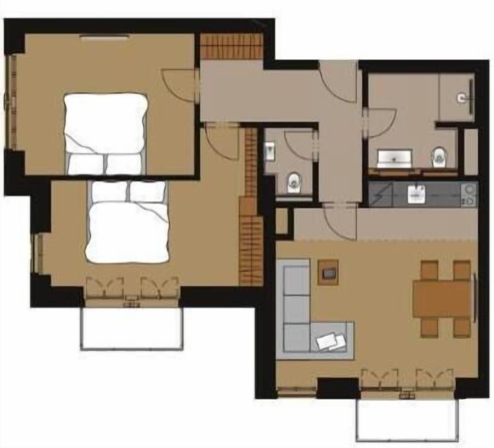 A hotel floor plan with a bedroom, bathroom, kitchenette, and dining area.