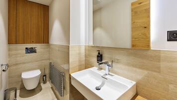 A modern bathroom with a toilet, a sink, and a mirror.