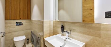 A modern bathroom with a toilet, a sink, and a mirror.