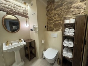 Hair dryer, towels, soap, toilet paper