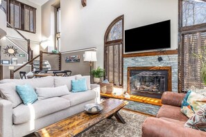 Télévision, cheminée, livres