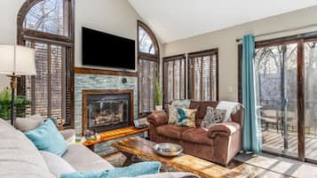 Télévision, cheminée, livres