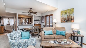 TV, fireplace, books