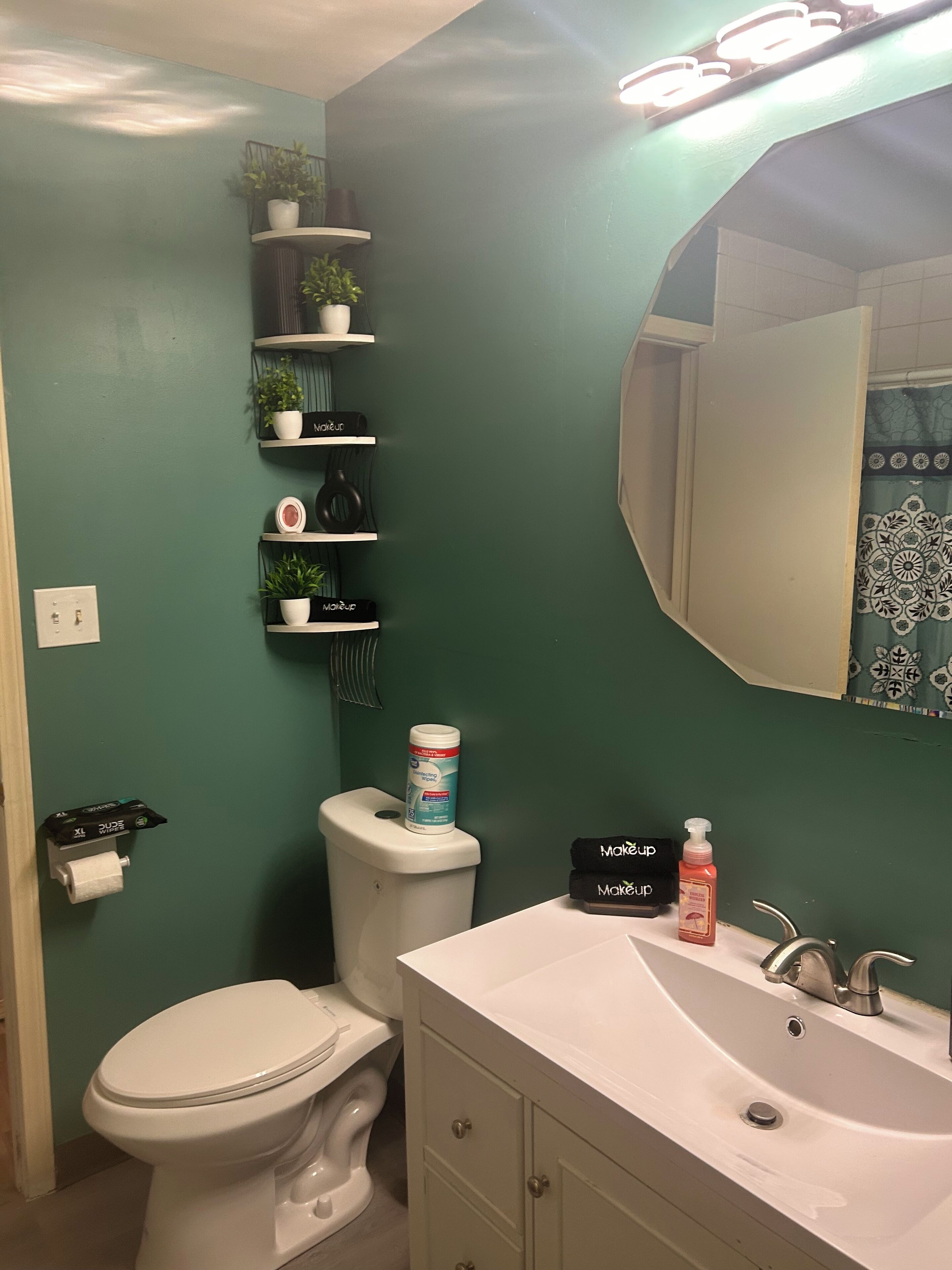 Een badkamer met een toilet, een wastafel en planken met toiletartikelen.