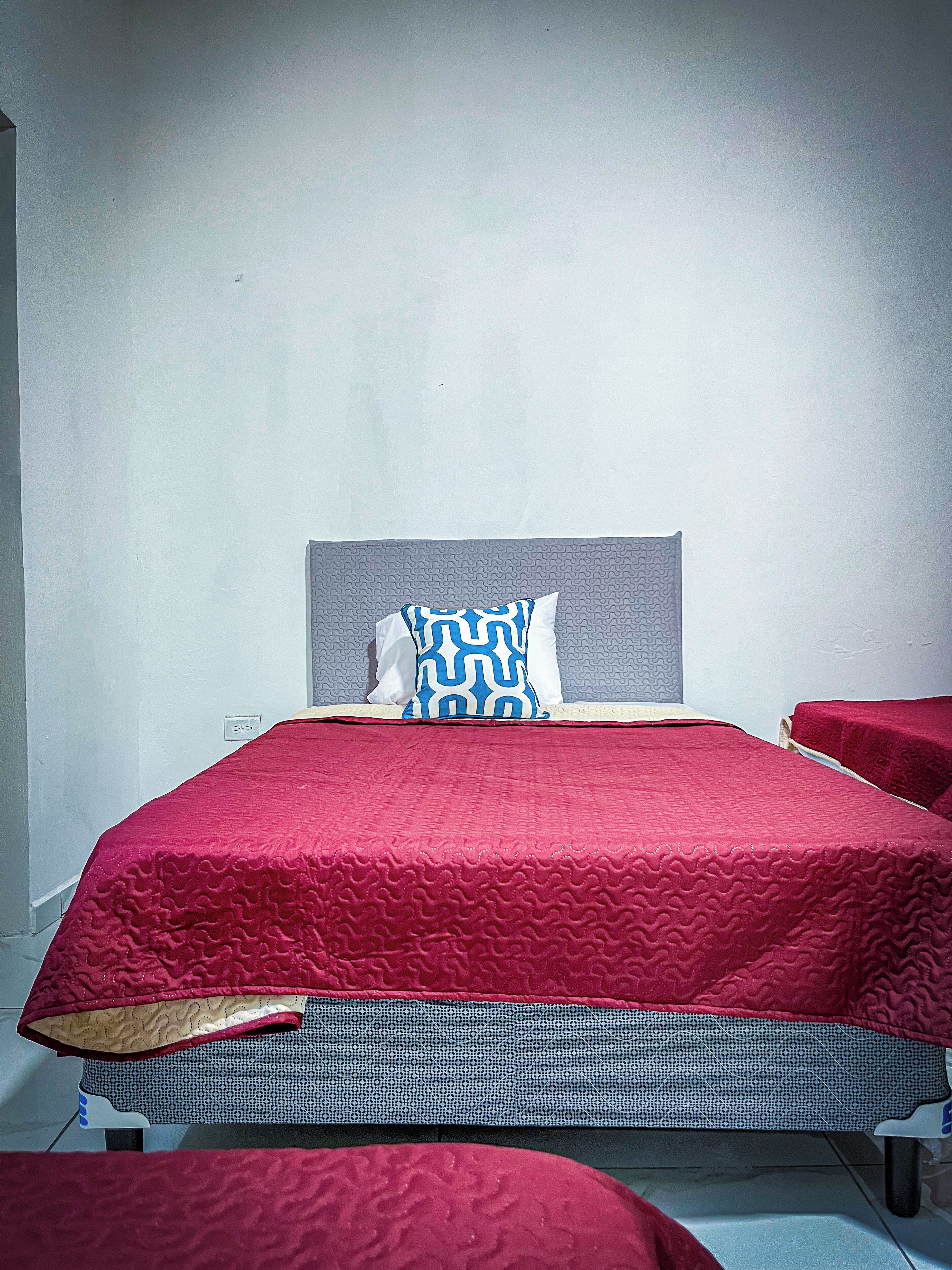 Un lit avec une couvre-lit rouge et un oreiller à motifs, une tête de lit grise et un mur décoré de motifs.