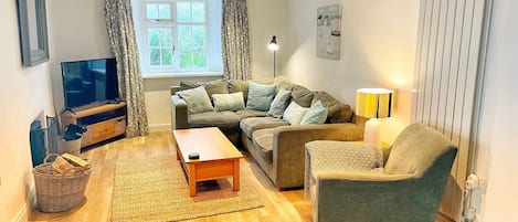 Een smart-tv, een open haard, een dvd-speler en boeken