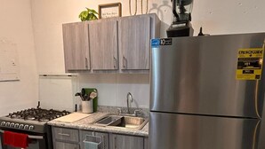 A modern kitchen with a stainless steel refrigerator, gas stove, and built-in oven. - Cozy 3-bedroom house in serene Carolina with AC (Carolina)