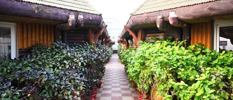 Un couloir bordé de plantes en pot mène à des bâtiments traditionnels en bois, coiffés de toits de chaume.