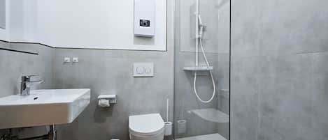 Douche, sèche-cheveux, serviettes fournies, papier toilette