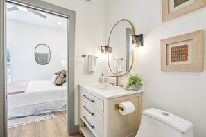 Hair dryer, towels, soap, toilet paper