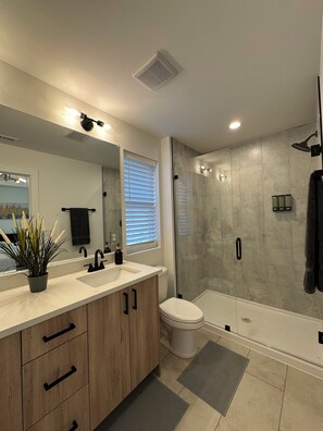 Shower, hair dryer, towels, soap