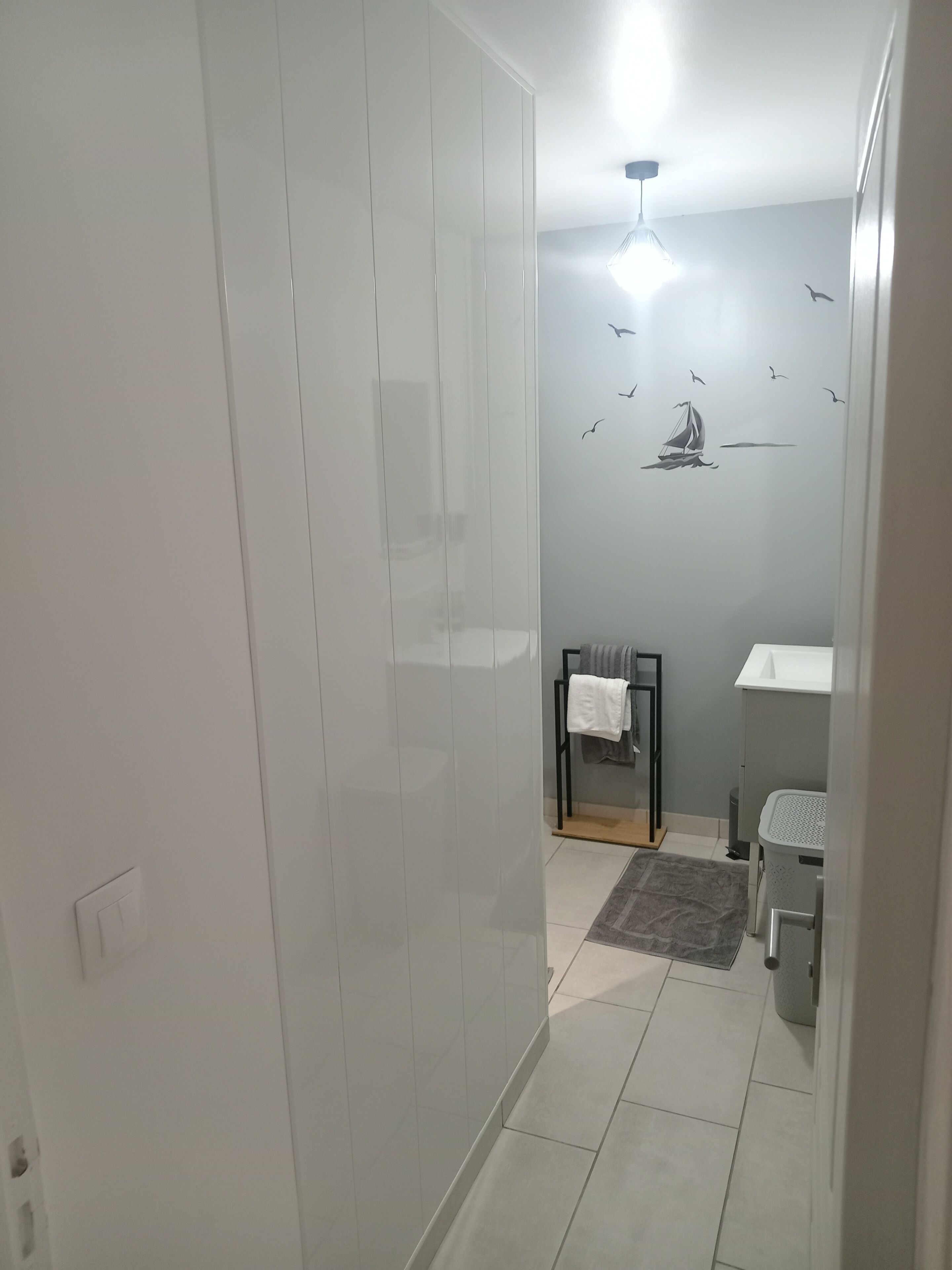 Douche, sèche-cheveux, serviettes fournies, savon