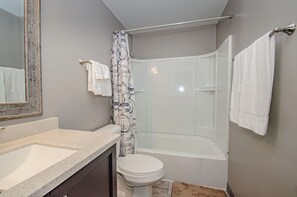 Hair dryer, towels, soap, shampoo