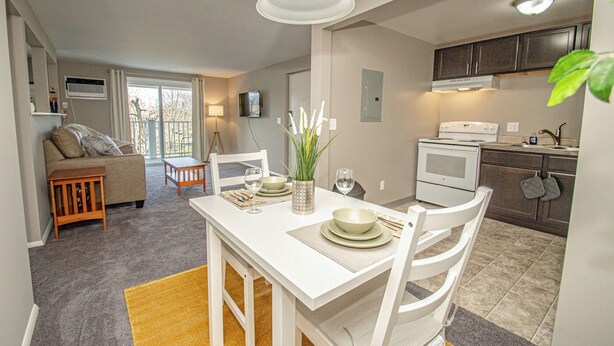 A compact living space with a dining area, kitchenette, and a sofa in the living room.