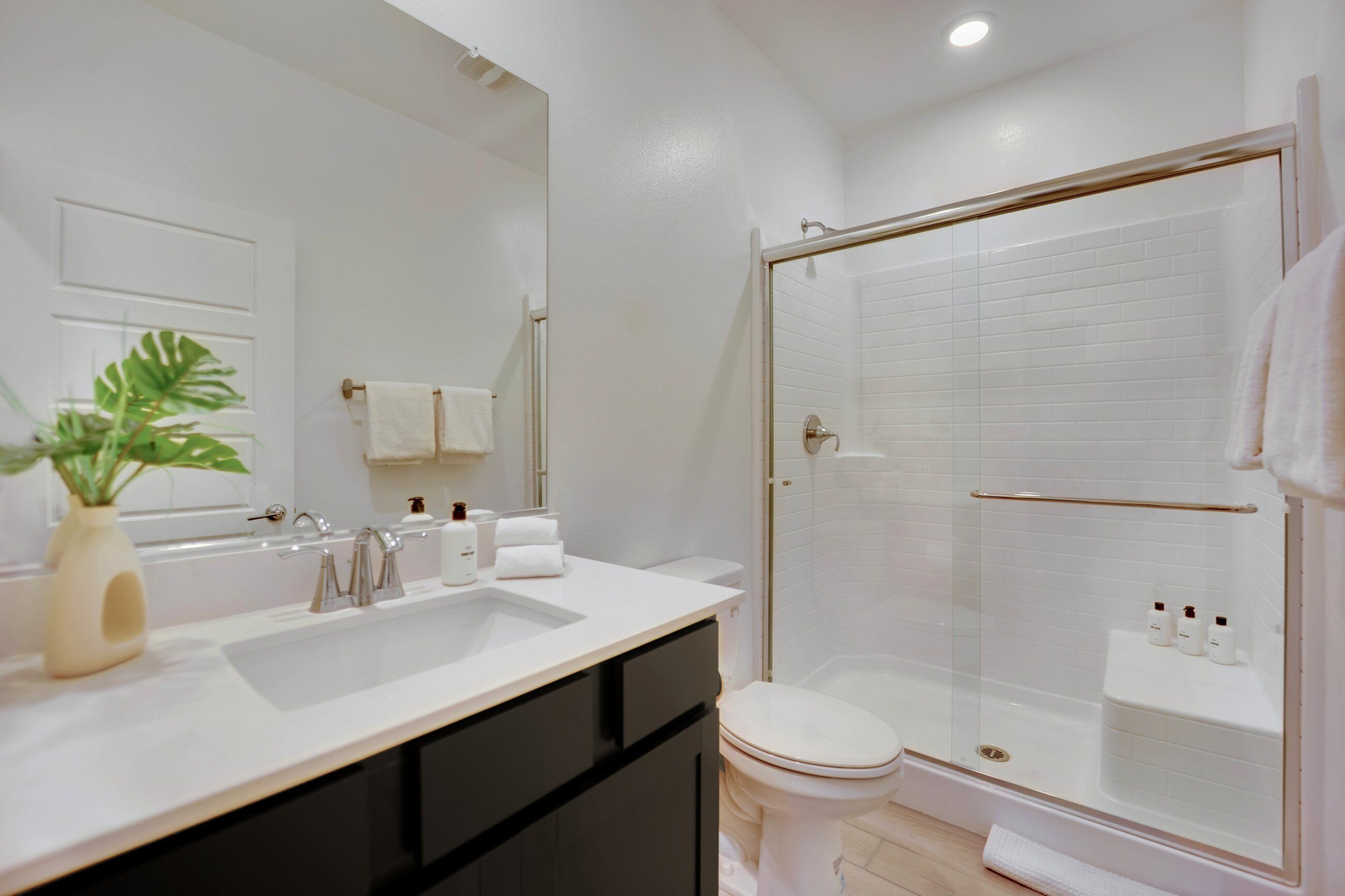 A modern bathroom with a white sink, a toilet, and a glass-enclosed shower.