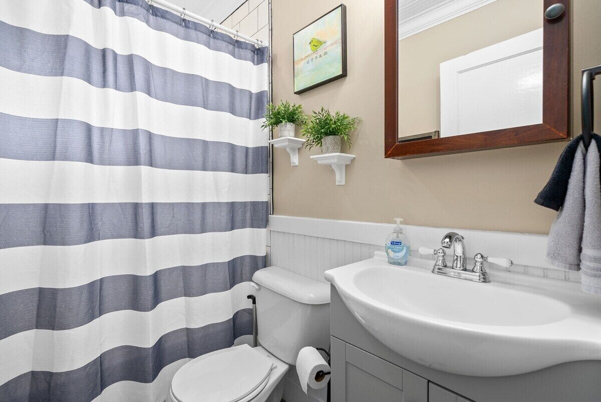 A bathroom with a striped shower curtain, a toilet, a sink with soap dispenser, and two wall-mounted plants.