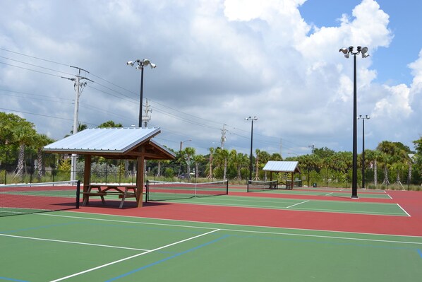 A tennis court with a pavilion, surrounded by palm trees and utility poles.