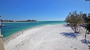 Una playa con agua turquesa cristalina, una orilla arenosa y algunos árboles.
