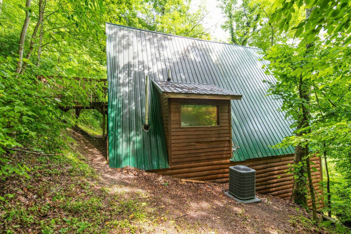A small cabin with a green metal roof and wooden walls, surrounded by dense forest.