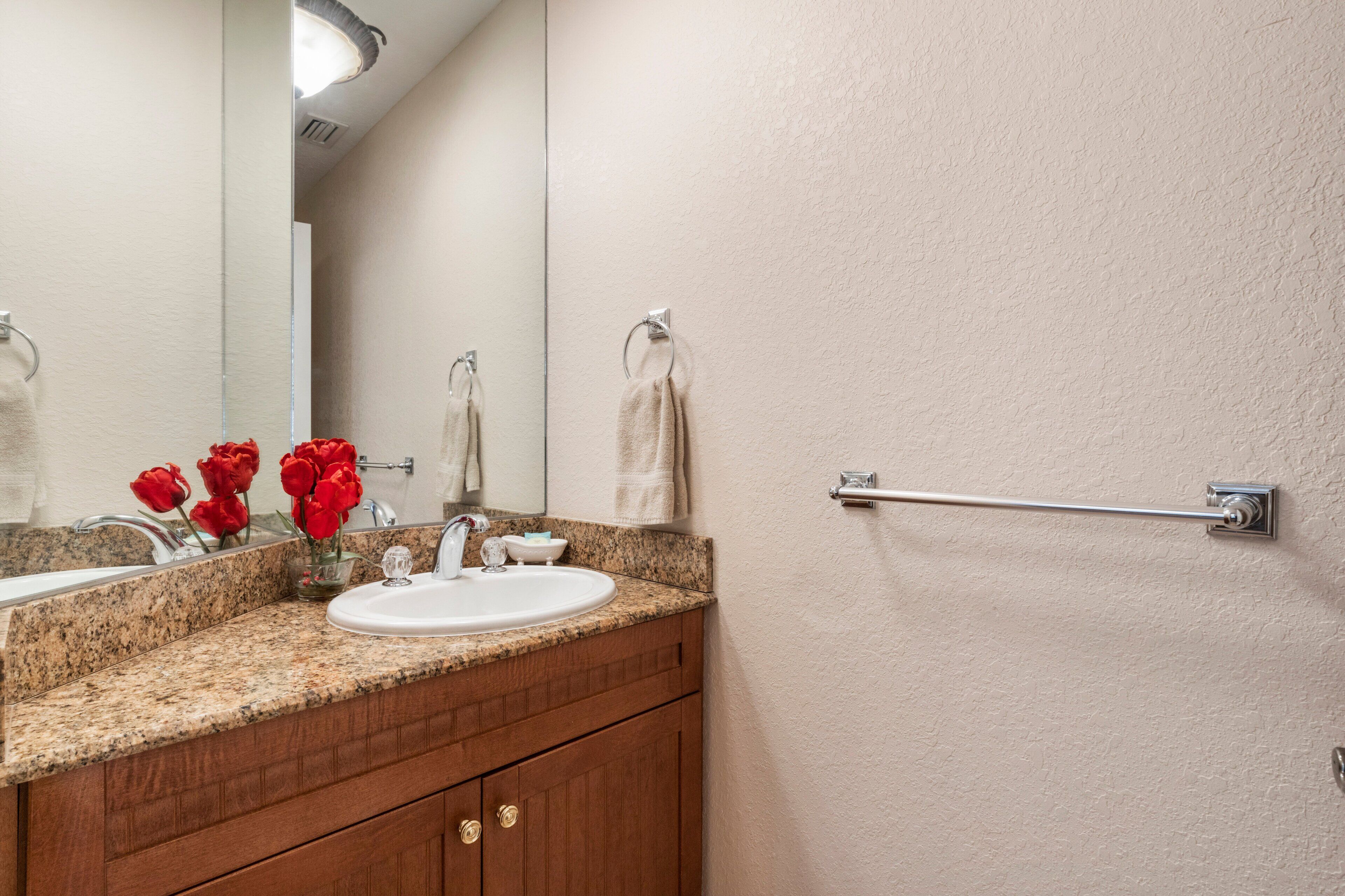 Une salle de bain avec un comptoir en granit, un lavabo blanc, un miroir et un porte-serviettes.
