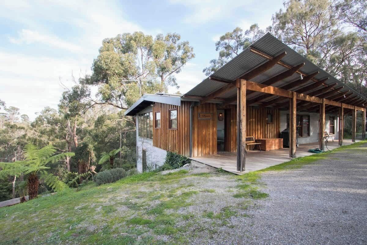 A modern wooden cabin with a covered porch, surrounded by lush greenery and trees.