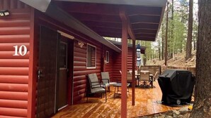 Een rustieke blokhut met een houten terras, nummer 10, met een overdekte veranda, buitenmeubels en een barbecueplek.