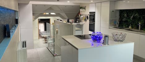 Een magnetron, een oven, een kookplaat, een vaatwasser