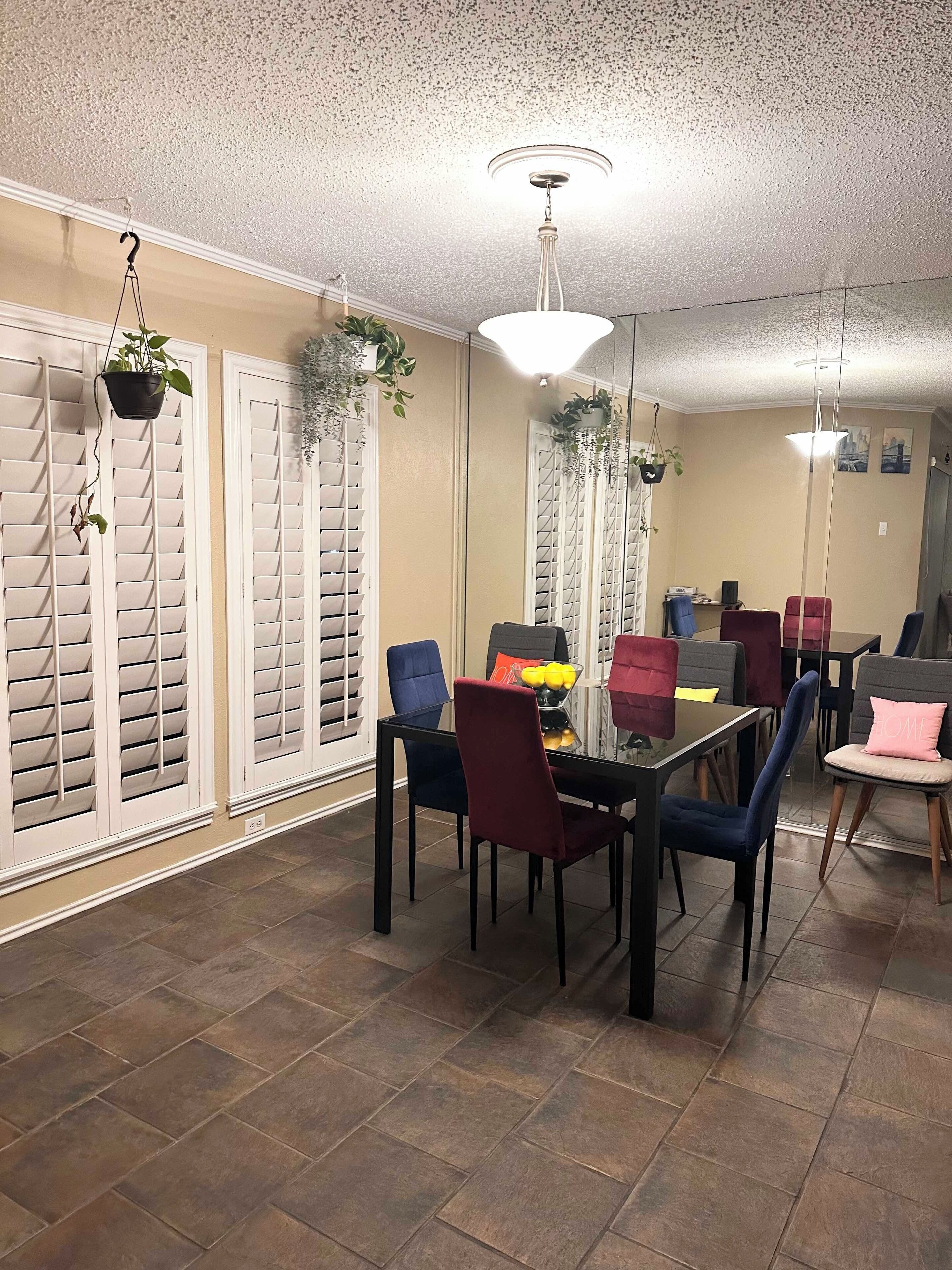 A dining area with a table and chairs, a hanging plant, and a ceiling light.