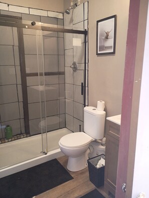 Shower, towels, soap, toilet paper