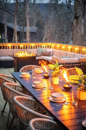 Outdoor dining - Modern Massanutten 5BR w/ Hot Tub, Sauna, Firepit (McGaheysville)