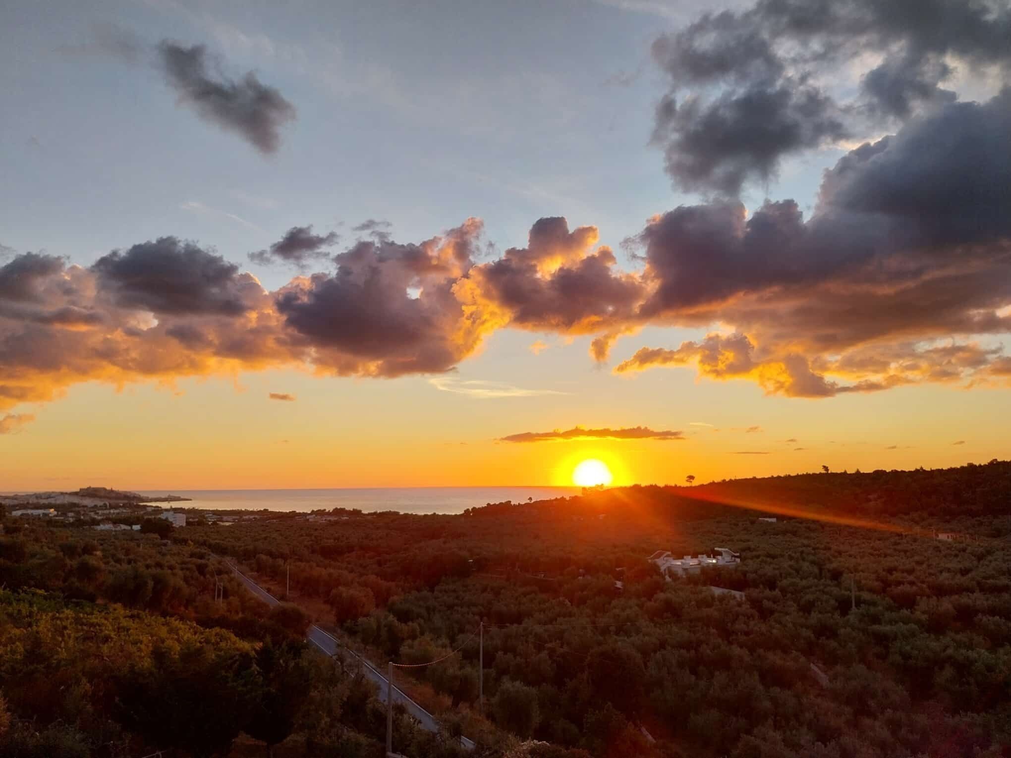A sunset over a coastal landscape with a road and sparse vegetation.