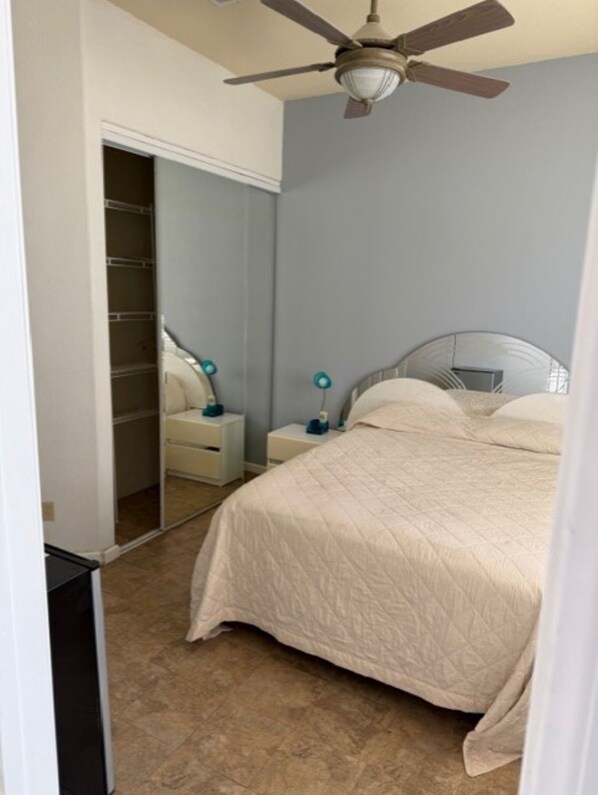 A bedroom with a bed, a ceiling fan, a nightstand, a mirror, and a walk-in closet.