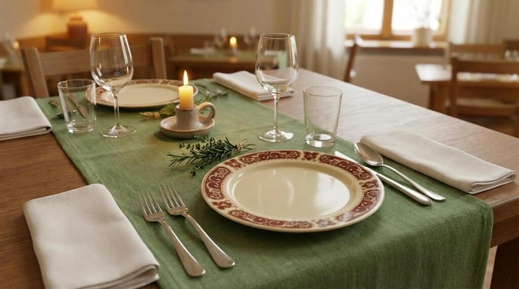 Une table à manger dressée avec des assiettes, des couverts, des verres et une bougie.